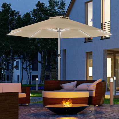 Khaki LED Patio Umbrella with 4 Modes, Solar & USB Charging