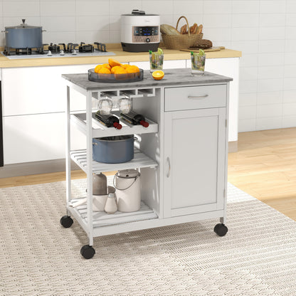 Rolling Kitchen Cart with Wine Rack and Marble Top - White