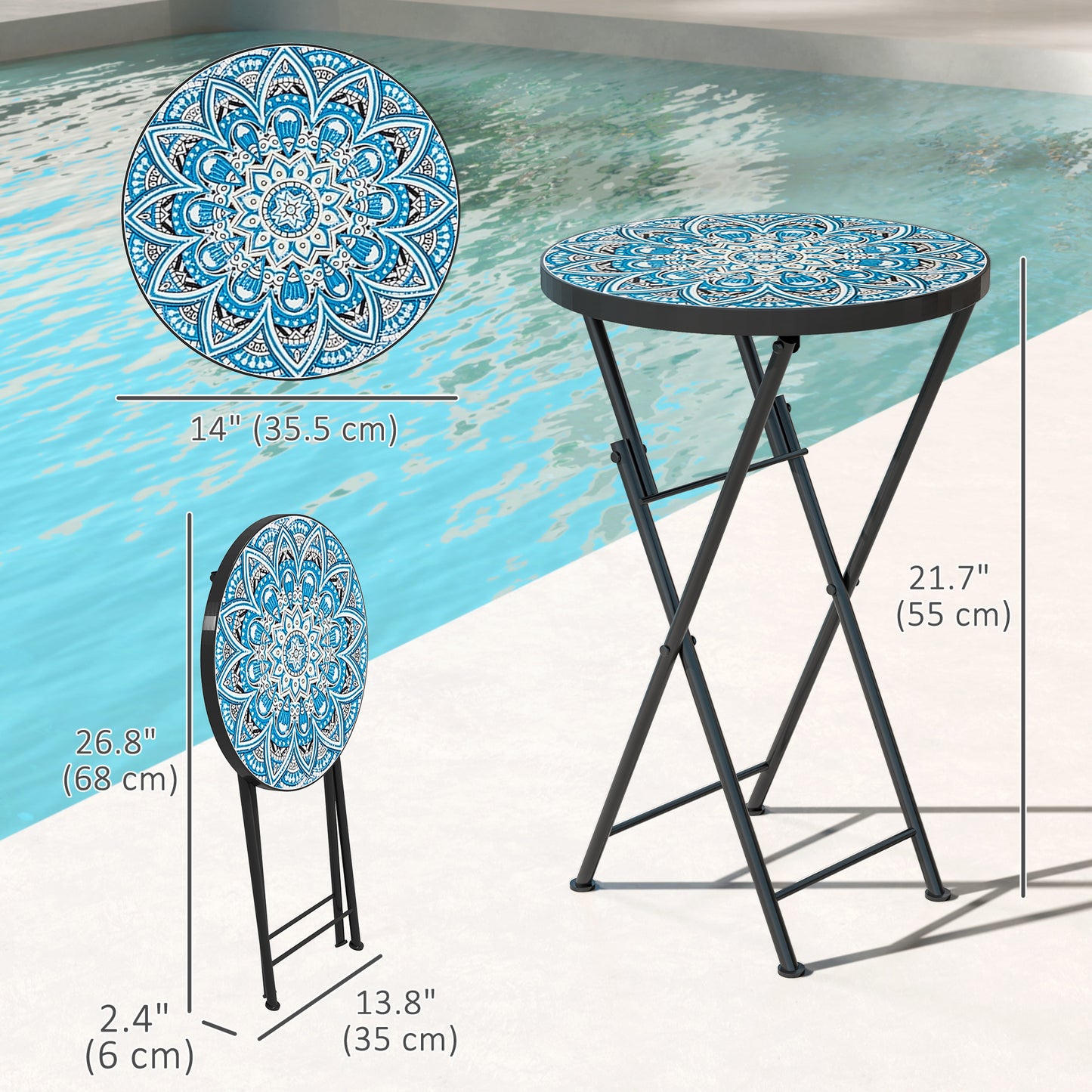 Mosaic Outdoor Patio Side Table, 14" Round Folding Outdoor Coffee Table with Steel Frame for Balcony Deck Patio Terrace, Mixed Colour