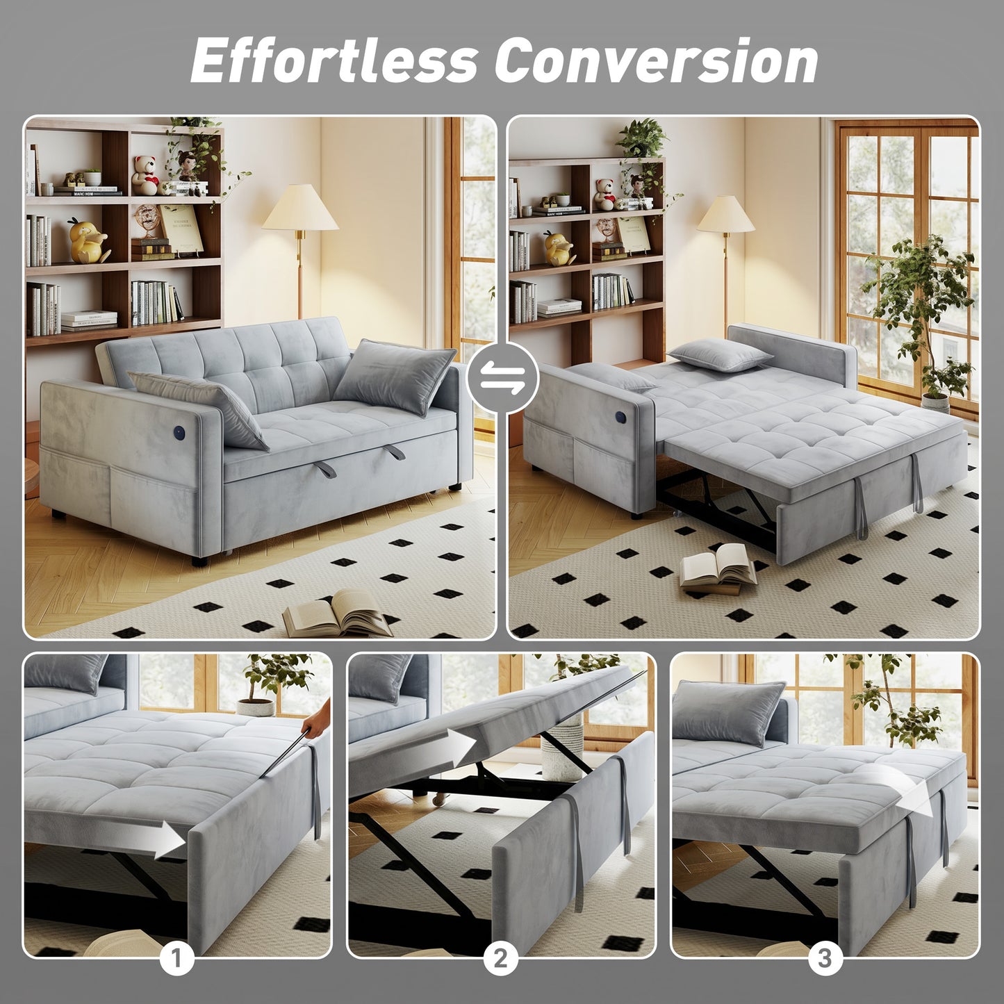 3-in-1 Convertible Sofa Bed, Pull-Out Sleeper Sofa with USB Charging, Adjustable Backrest and Side Pockets, Light Grey