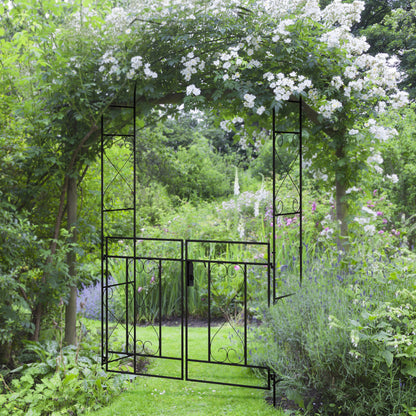 7.6FT Black Metal Garden Arch with Gate & Trellis