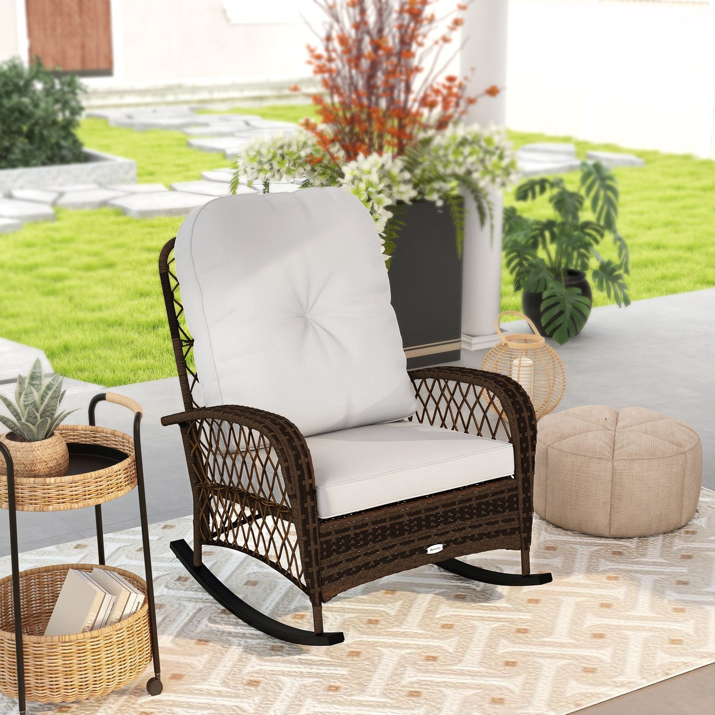 Outdoor Wicker Rattan Rocking Chair Patio Rocker with Thick Cushions for Garden Backyard Porch, Light Mixed Brown