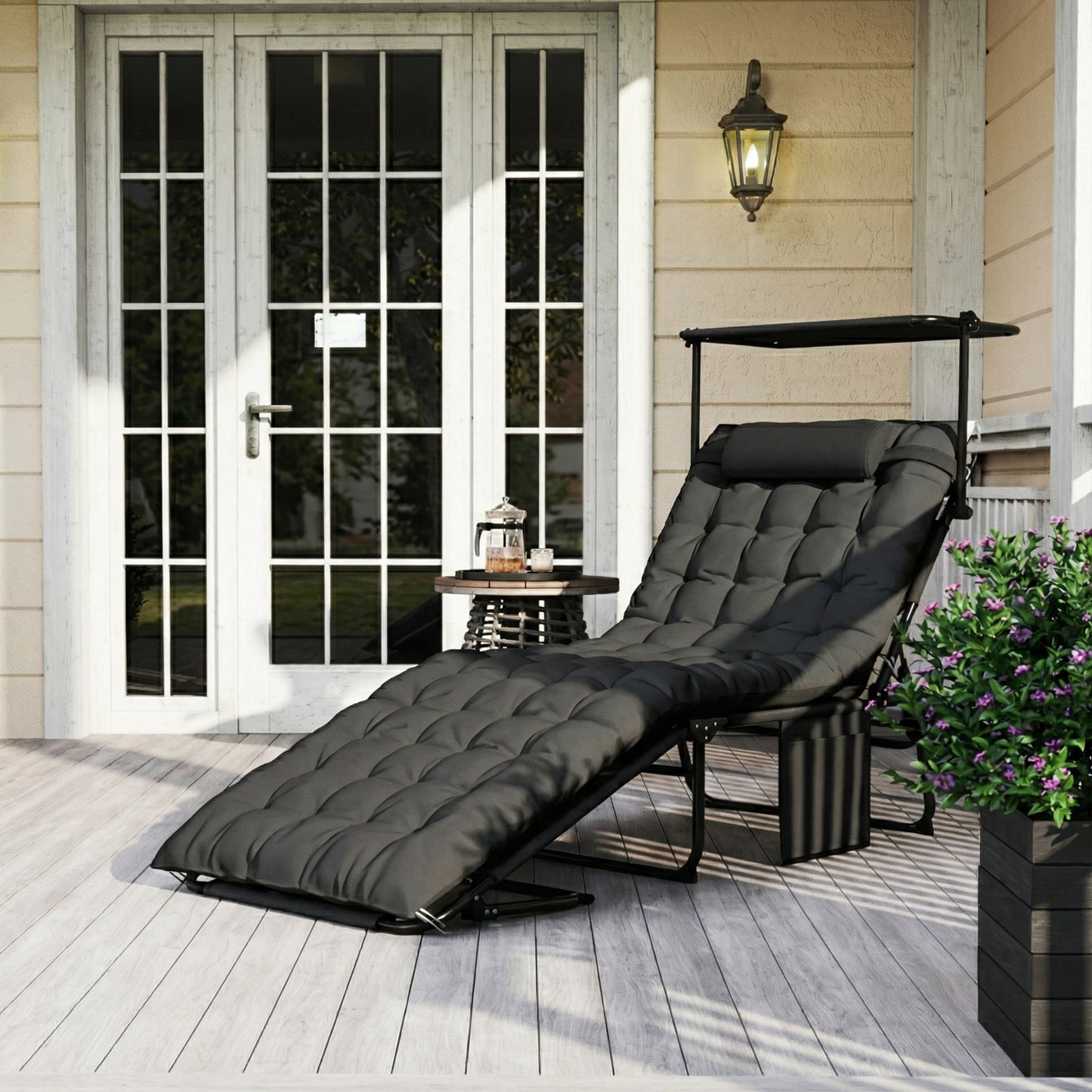 Folding Lounge Chair with Adjustable Canopy, 4-Position Outdoor Tanning Chair with Headrest, Dark Grey - Dark Grey
