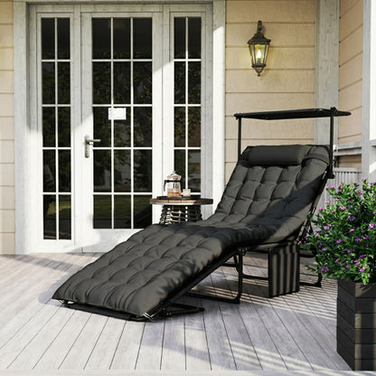 Folding Lounge Chair with Adjustable Canopy, 4-Position Outdoor Tanning Chair with Headrest, Dark Grey - Dark Grey