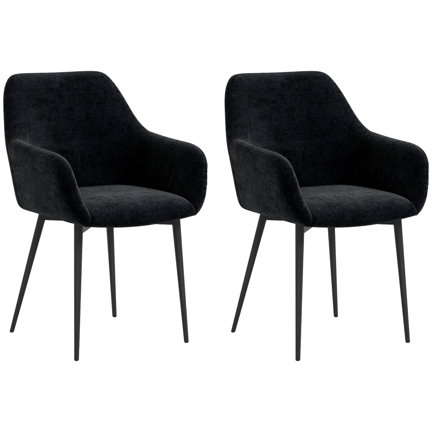 Dining Chairs Set of 2, Velvet-look Fabric Upholstered Kitchen Chairs with Backrest, Armrests and Steel Legs, Black