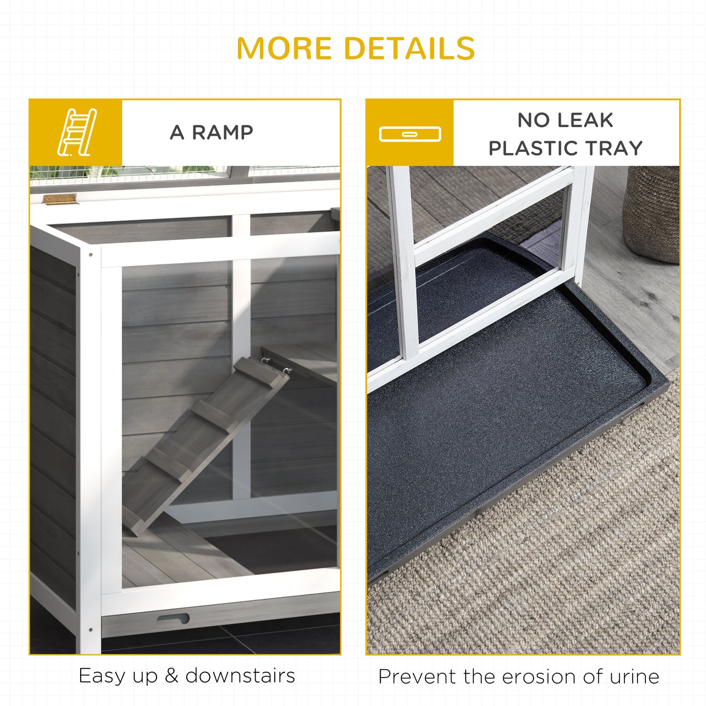 Indoor Rabbit Hutch with Wheels, Bunny Cage Guinea Pig House W/ Top Access, Ramp, Pull Out Tray, Grey