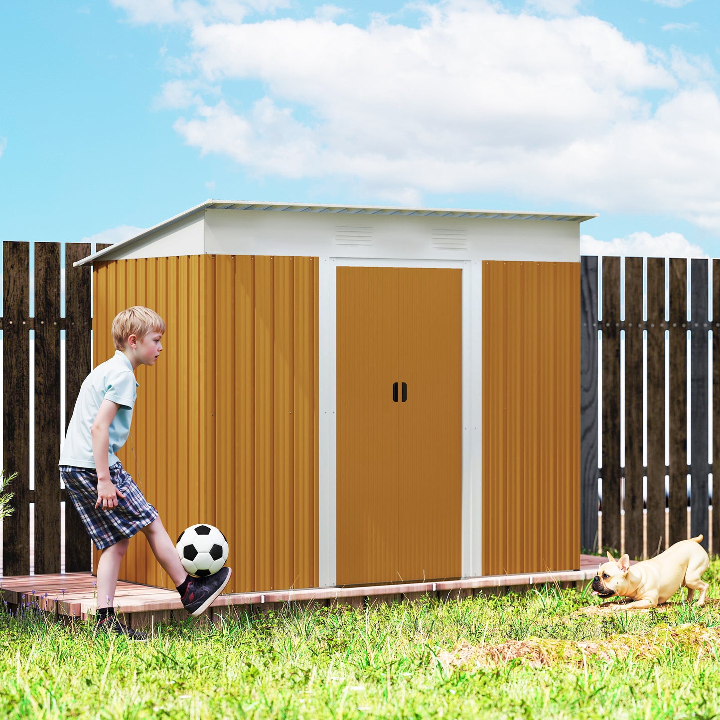 7' x 4' Outdoor Storage Shed, Metal Garden Tool Storage House Organizer with Lockable Sliding Doors and Vents for Backyard Patio Lawn, Yellow