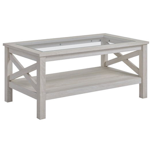 Farmhouse Glass-Top Coffee Table with Storage Shelf