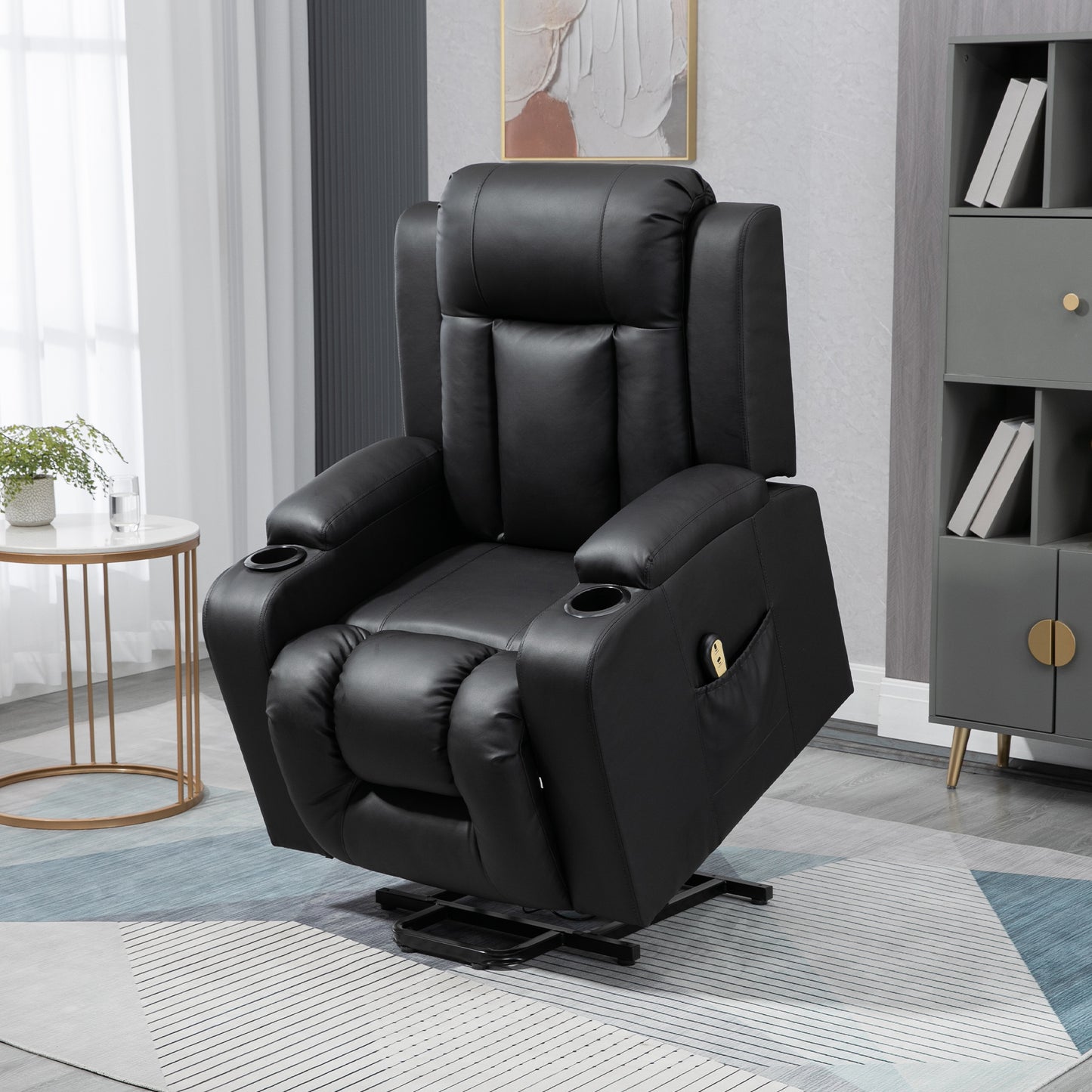 Power Lift Recliner Chair for Elderly, PU Leather Electric Recliner Chair with Footrest, Remote Control, Side Pockets and Cup Holders for Living Room, Black