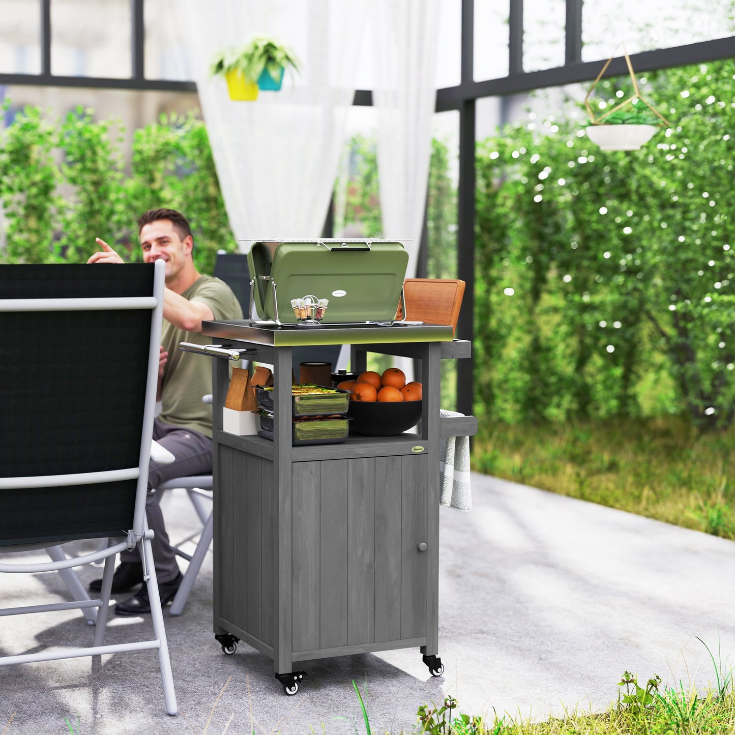 Grill Table with Stainless Steel Top, Pizza Oven Table with Storage Cabinet, Spice Rack, Wheels, Handle, Dark Grey