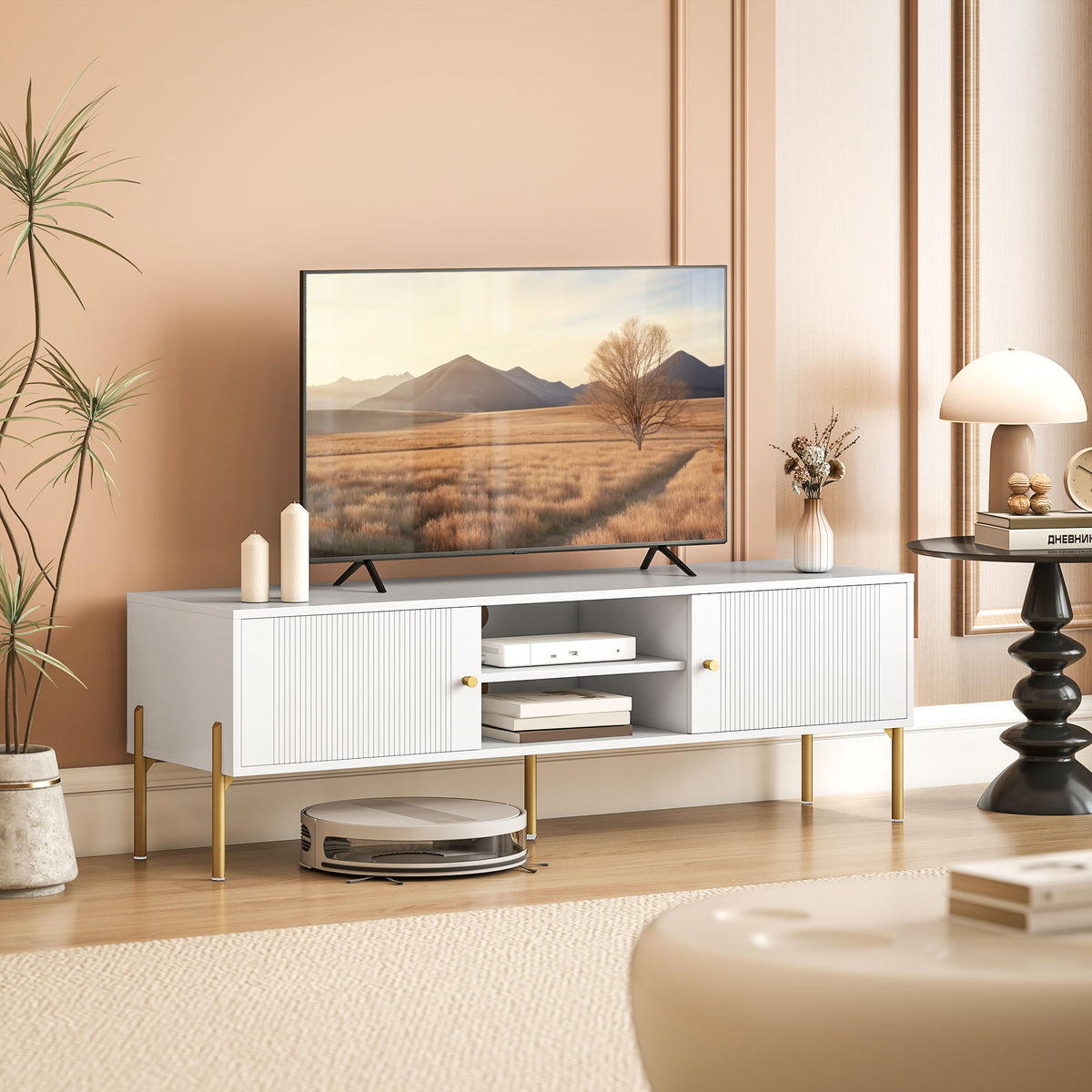 TV Stand for TVs up to 65", Entertainment Center with 2 Open Shelves, 2 Cabinets and Steel Legs for Living Room, White