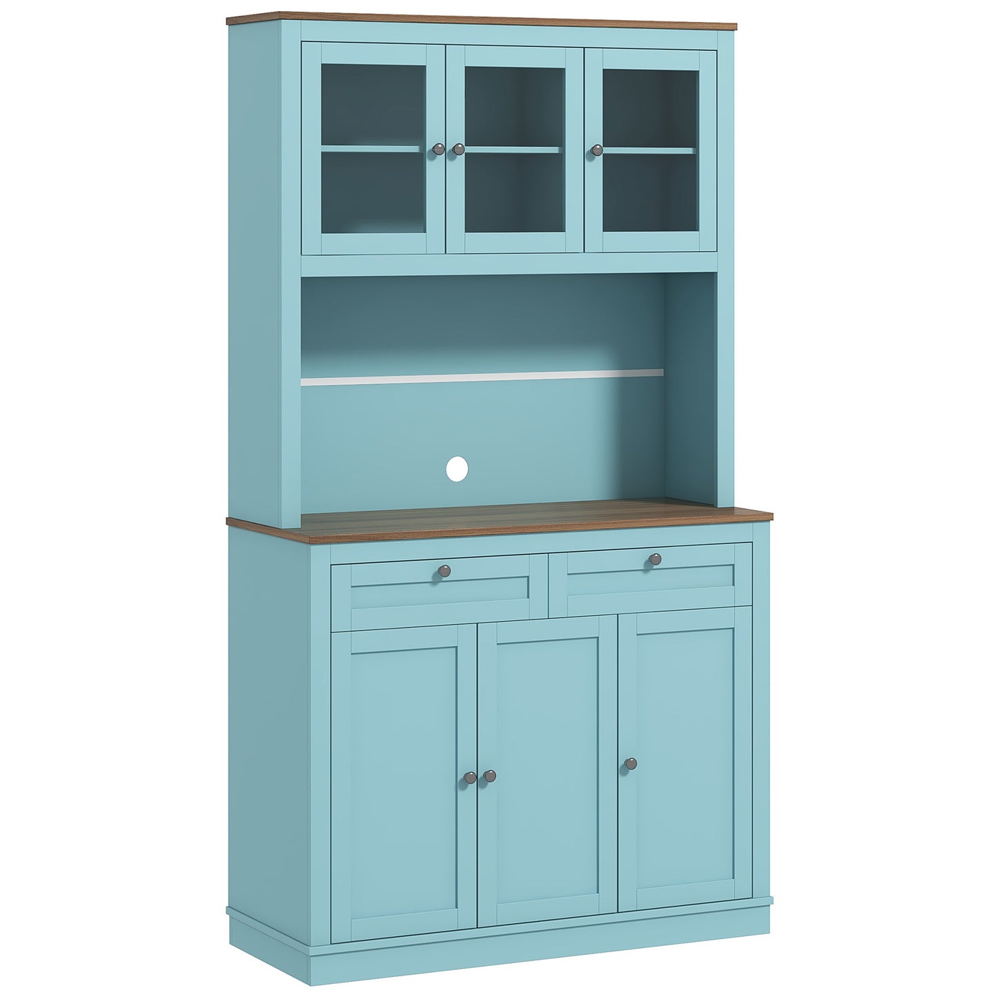 71" Pantry Cabinet with Microwave Space, Buffet with Hutch, 2 Drawers, Adjustable Shelves and Glass Doors, Blue