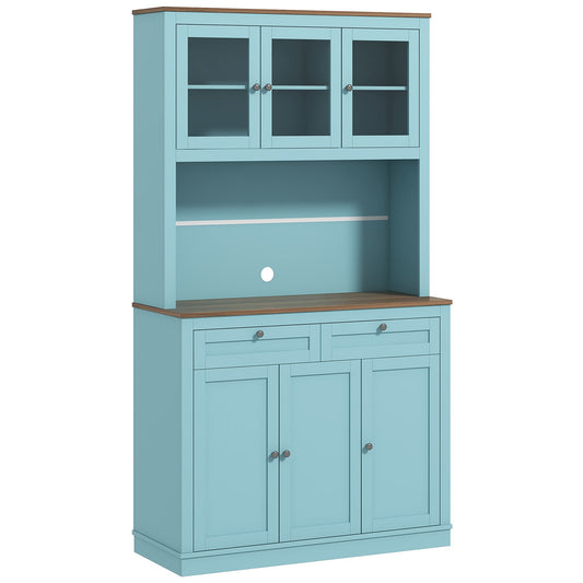 71" Pantry Cabinet with Hutch and Glass Doors - Blue