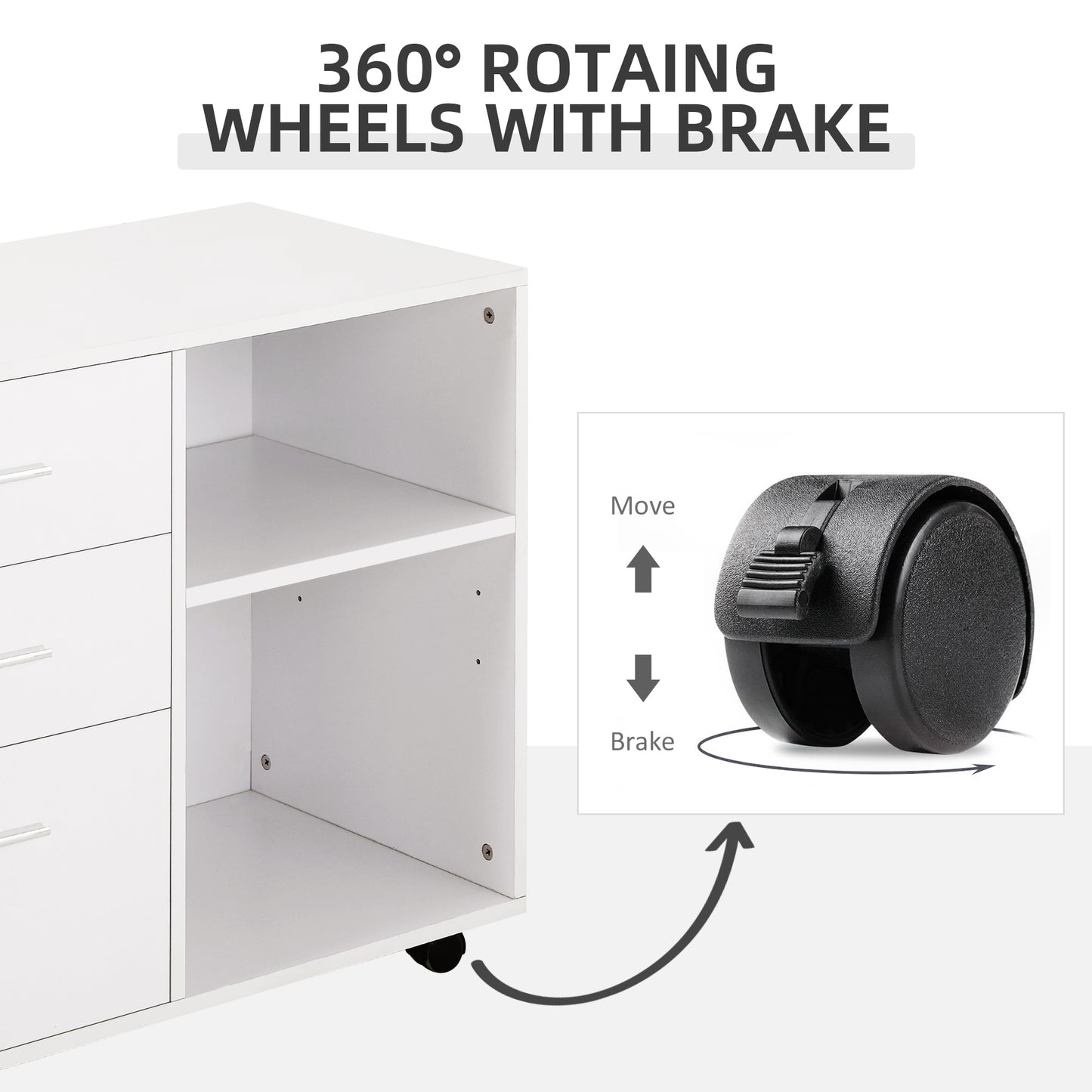 Modern Lateral Filing Cabinet, 3 Drawer File Cabinet for Letter and A4 Size Documents, Mobile, Printer Stand with Open Shelves, Rolling Wheels, White