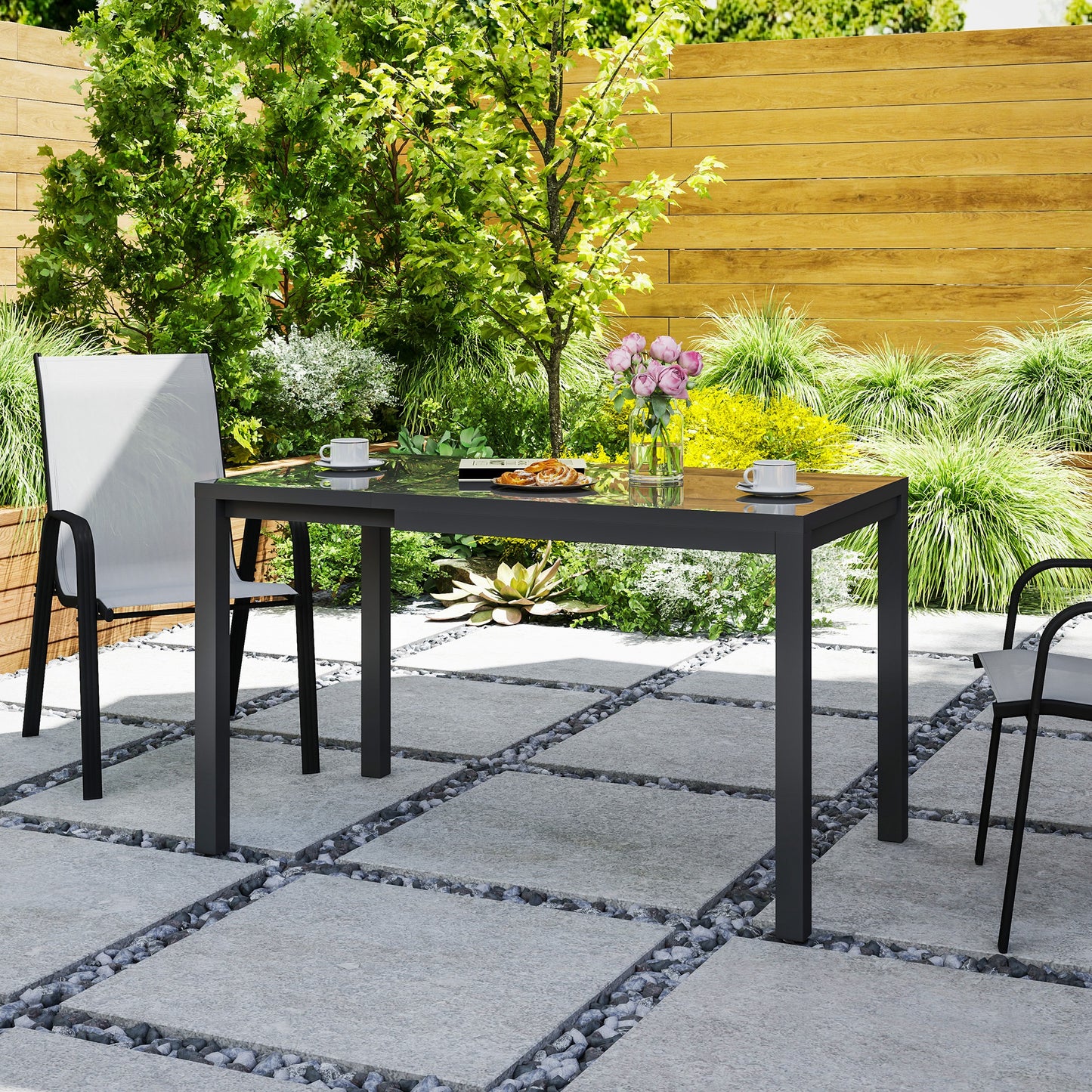 Extendable Patio Dining Table, 33.5"-49.2" Adjustable Outdoor Dining Table for 4-6 Person, with Tempered Glass Top, Metal Frame, for Lawn, Garden, Dark Grey