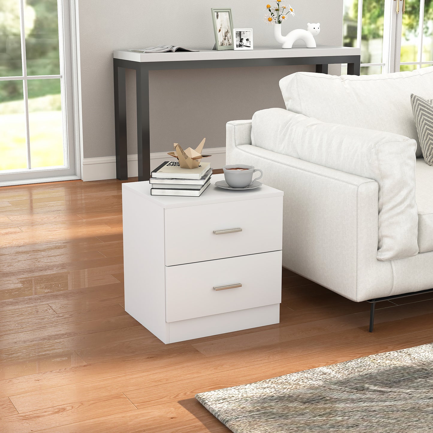 Bedside Table with 2 Drawers, Modern Nightstand for Bedroom, White