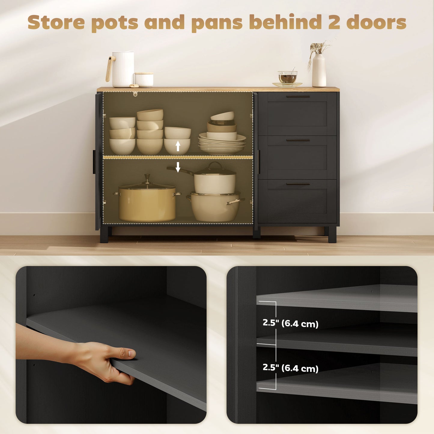 Buffet Cabinet with Soft-Close Doors, Modern Sideboard with 3 Drawers for Living Room, Kitchen, Dining Room, Black