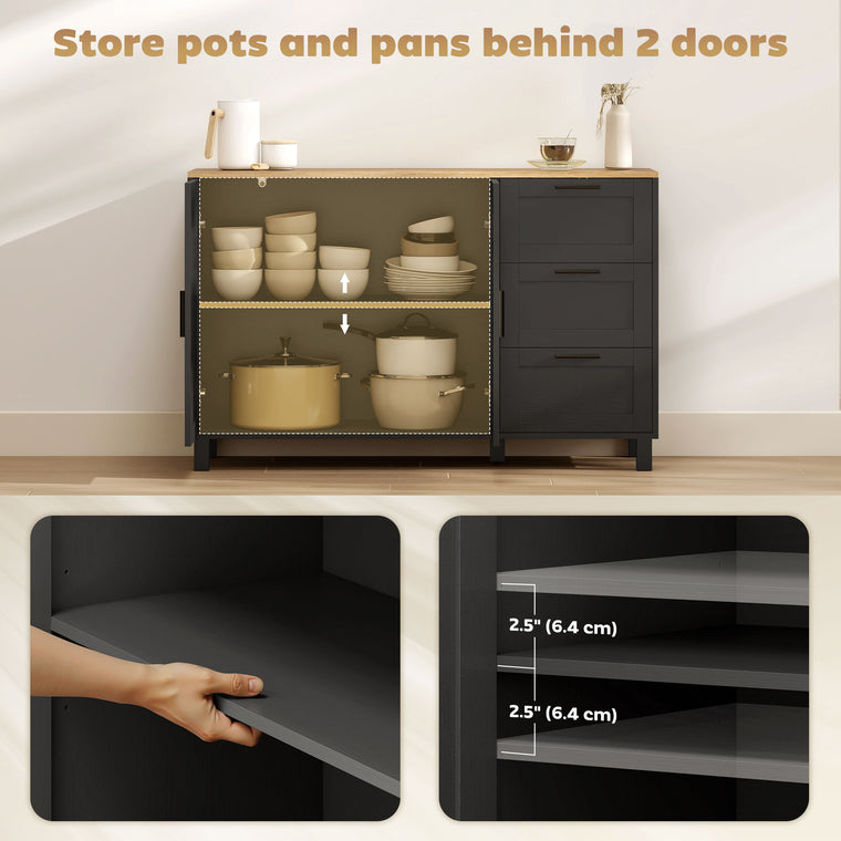 Buffet Cabinet with Soft-Close Doors and 3 Drawers - Black