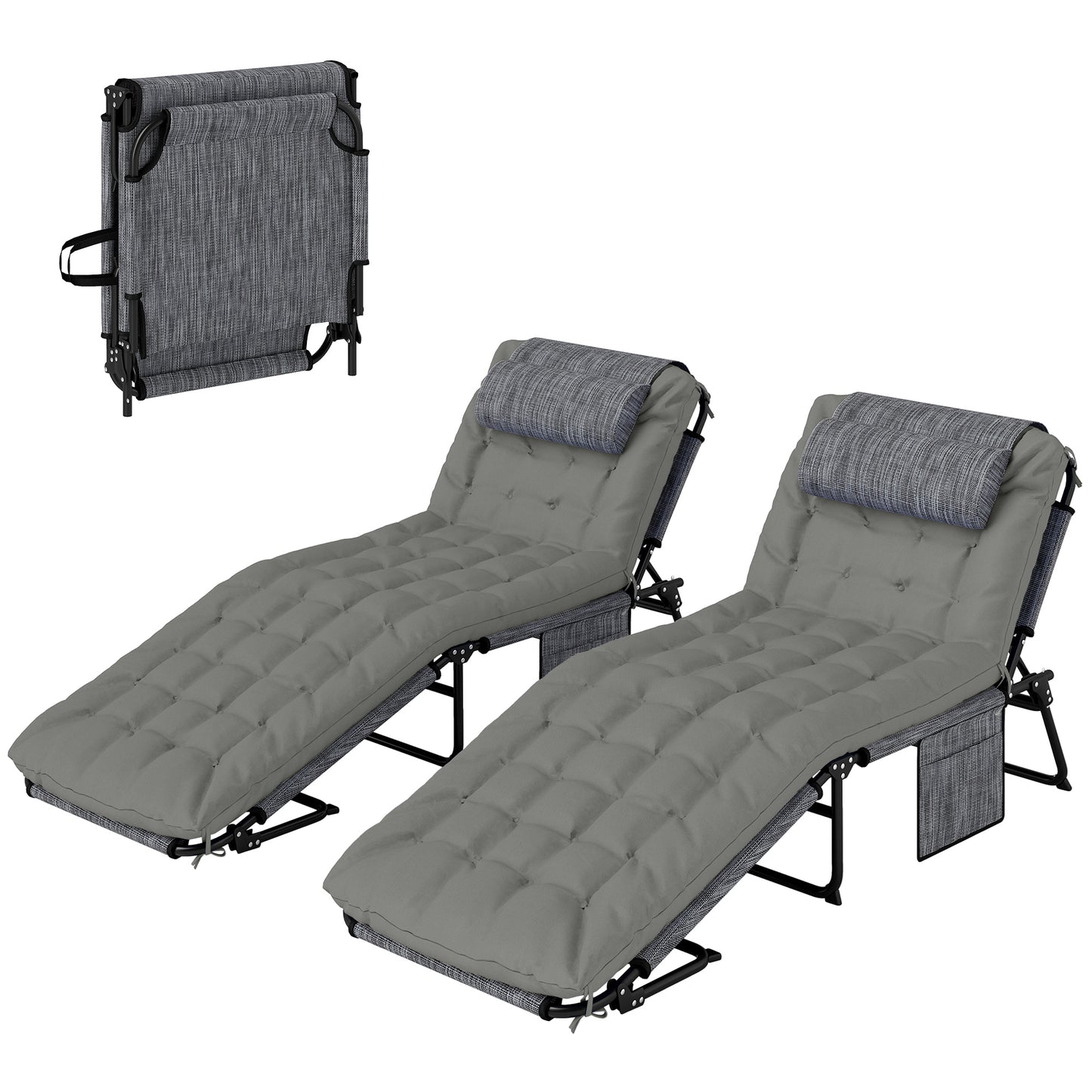 2-Piece Folding Lounge Chairs with Adjustable Backrest, Tanning Chair with Cushion, Side Pocket, Headrest, Beige