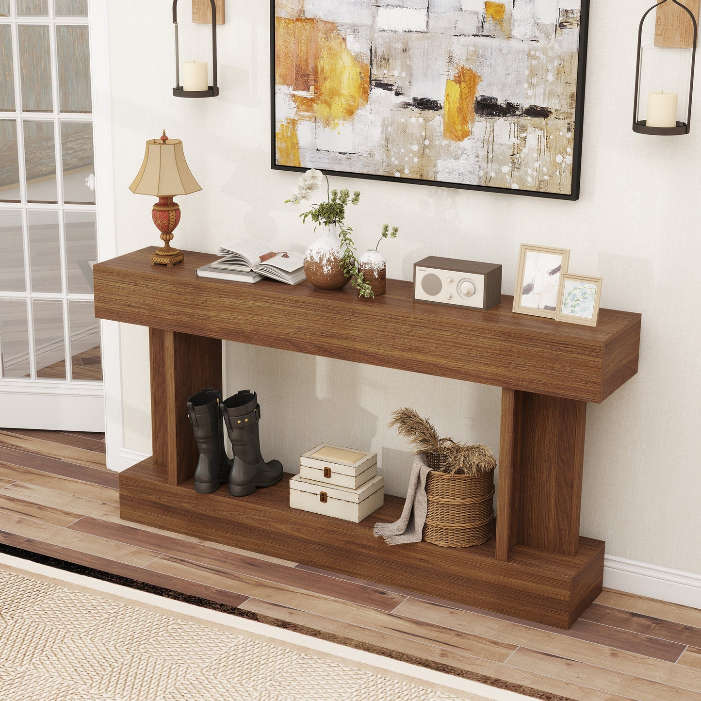 63 Inch Long Console Table, Vintage Narrow Entryway Table with Storage Shelf for Living Room and Hallway, Dark Brown