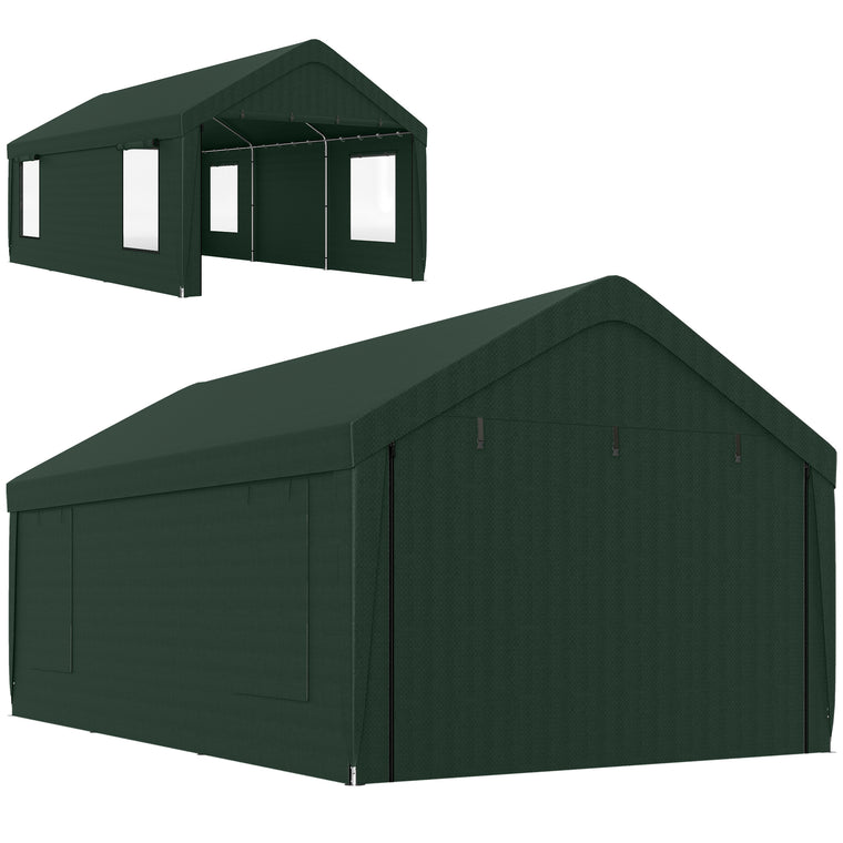 12' x 20' Dark Green Carport with Roll-Up Doors & Windows