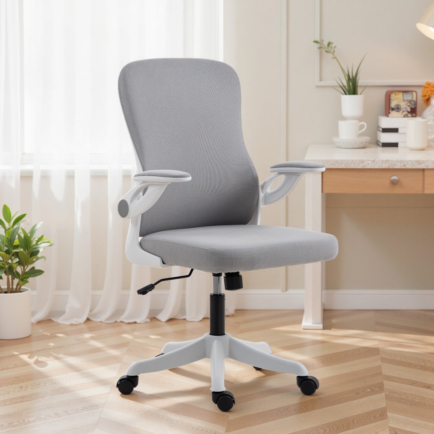 Ergonomic Office Chair, Swivel Desk Chair with Adjustable Lumbar Support and Height, Flip-up Armrests, Wheels, Grey
