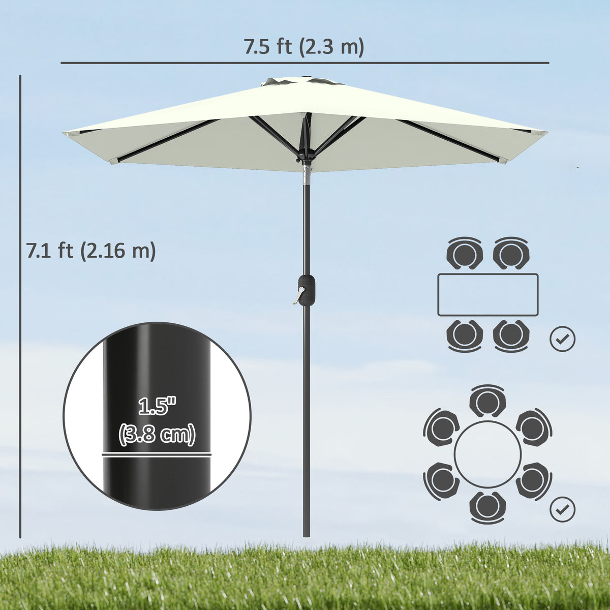 Cream White Patio Sun Umbrella with 6 Ribs