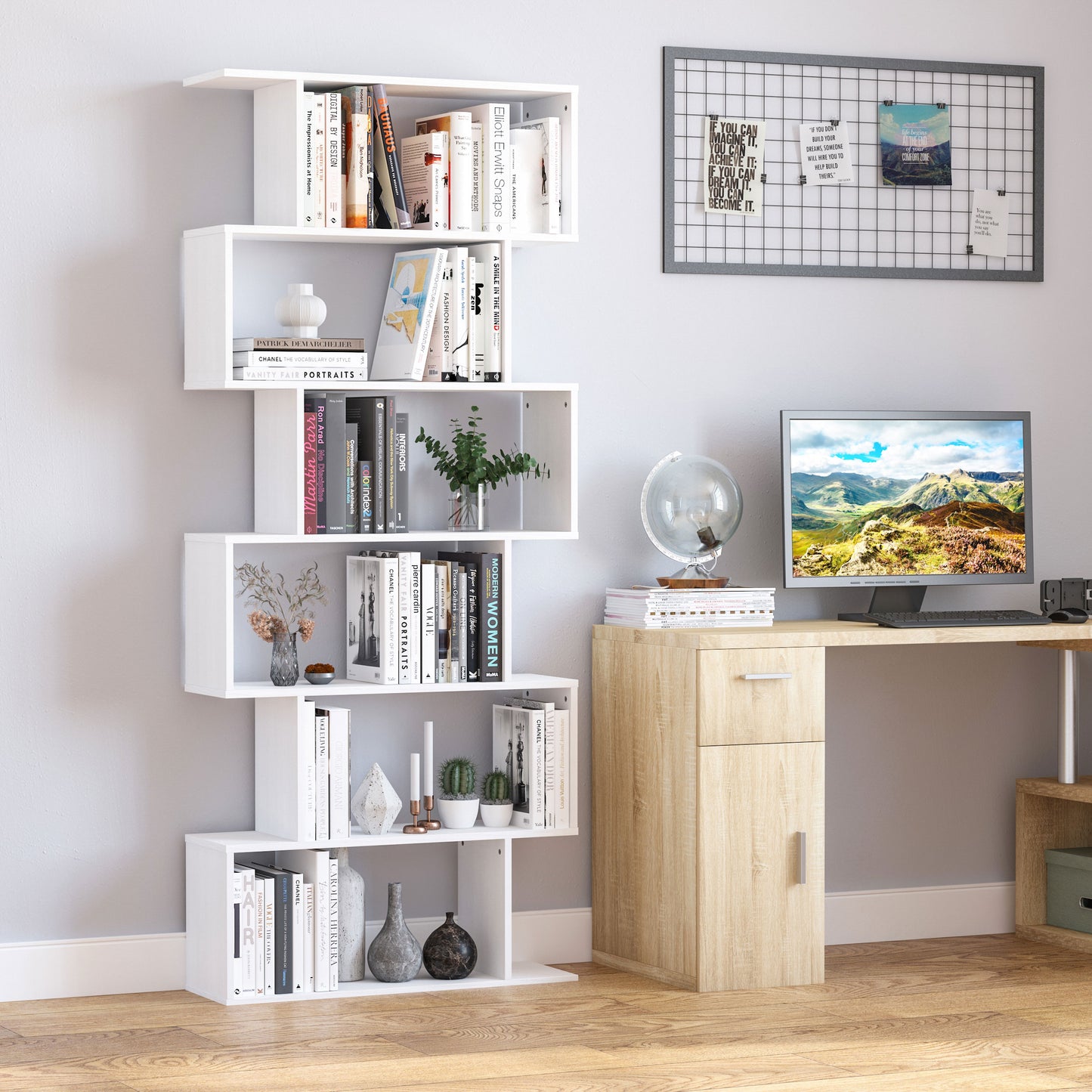 76" 6-Tier Geometric Wooden Bookcase S Shaped Storage Display Bookshelf Modern shelf Open Concept Living Room Home Office Furniture, White