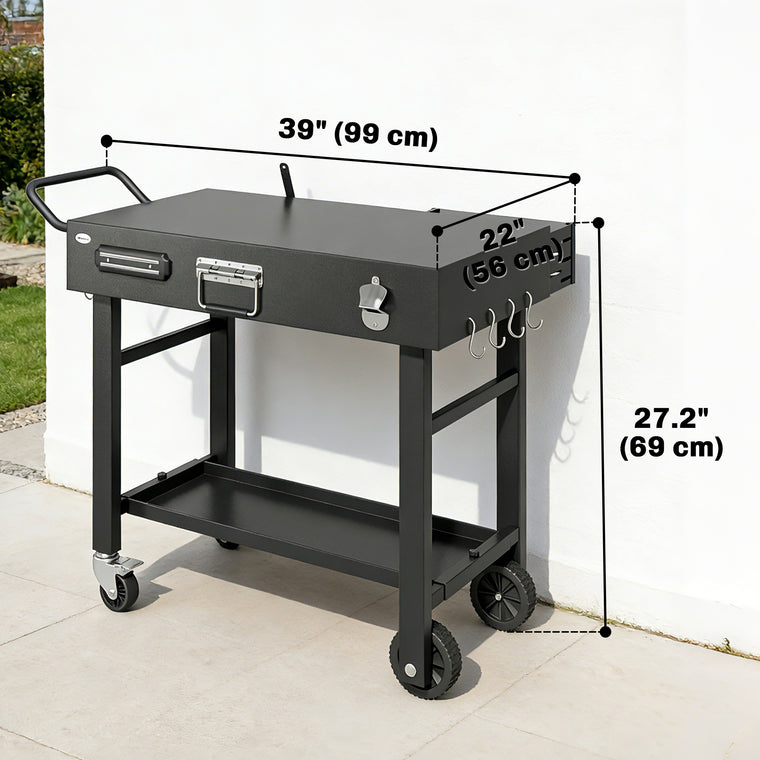 Black Folding Grill Cart with Knife Holder & Spice Rack