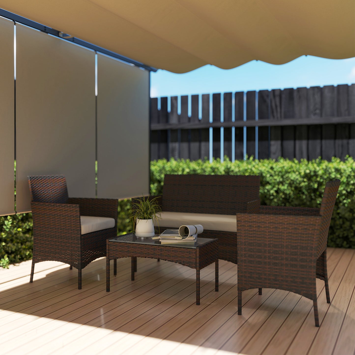 4 Pieces Wicker Outdoor Balcony Furniture Set Rattan Patio Furniture Set with Loveseat Chairs Glass Coffee Table Beige