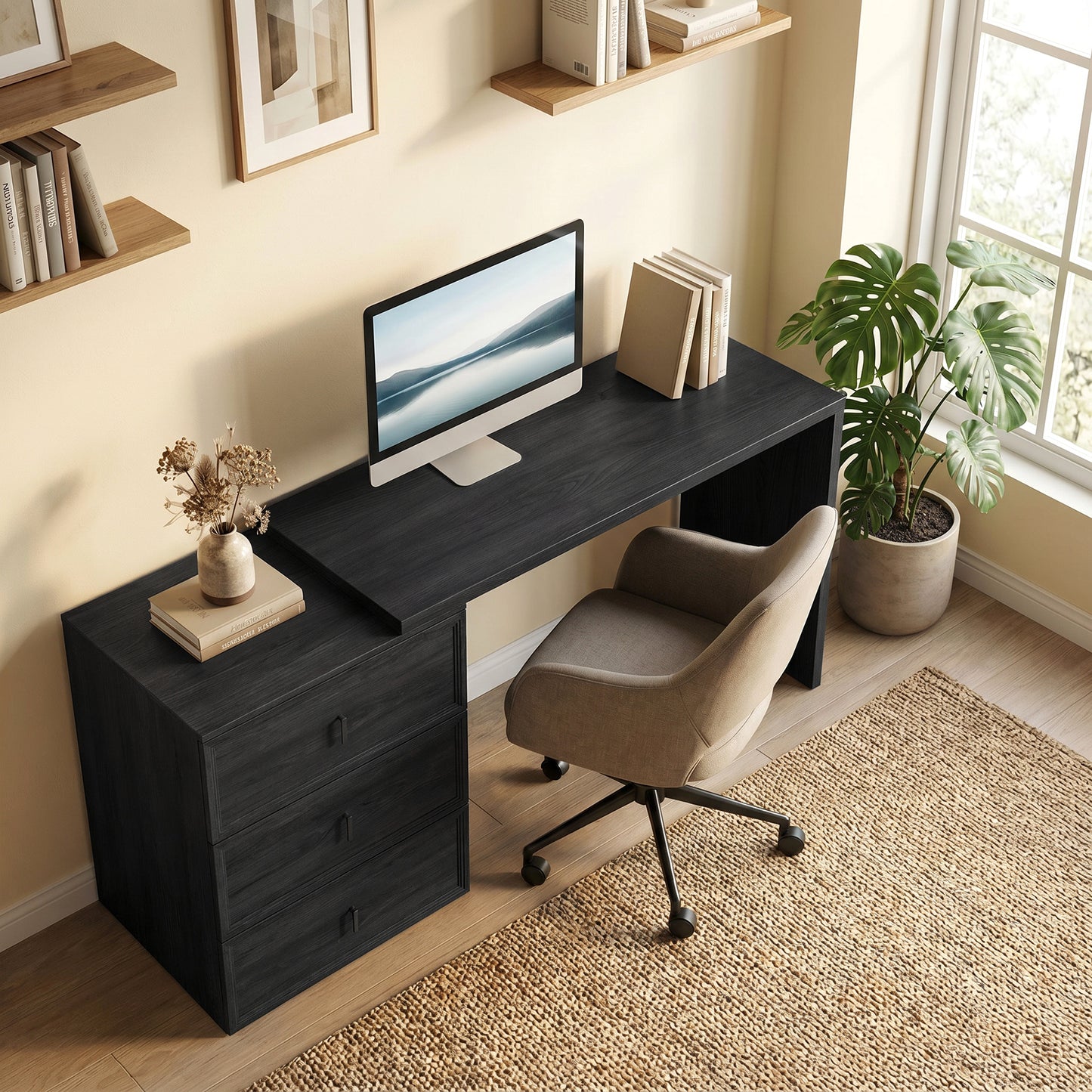 L Shaped Computer Desk Home Office Desk with 3 Drawers Black Wood Grain