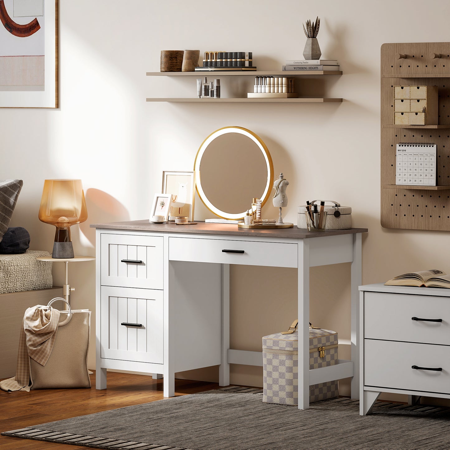 Computer Desk with 3 Drawers, Farmhouse Home Office Desk with File Drawer and Wood Grain Top for Small Spaces, White