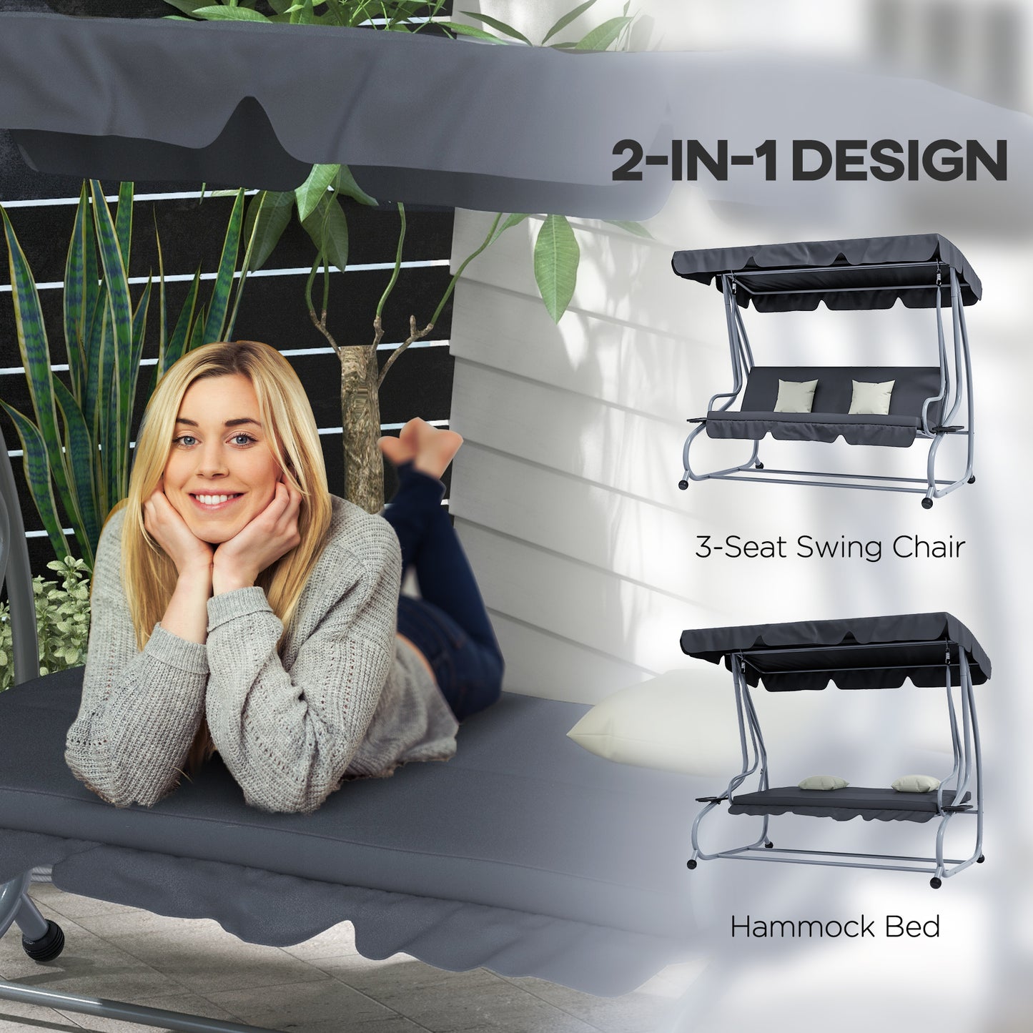 Outdoor 3-Seater Patio Swing Chair, Outdoor Swing Seat, with Adjustable Canopy and Two Pillows for Garden, Light Grey