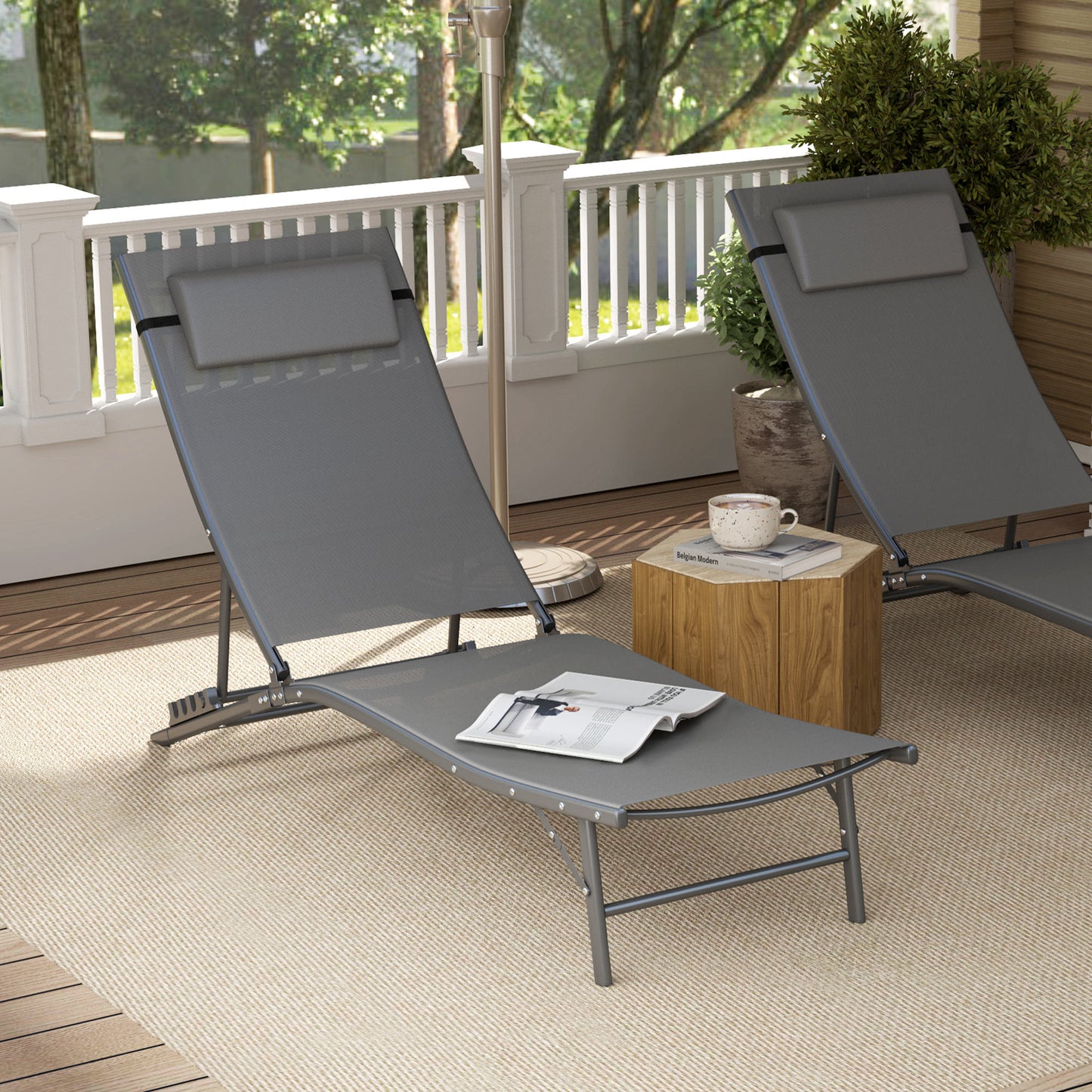 Folding Outdoor Chaise Lounge Chair Set of 2 with Adjustable Backrest, Headrest, Mesh Seat for Beach, Poolside, Grey