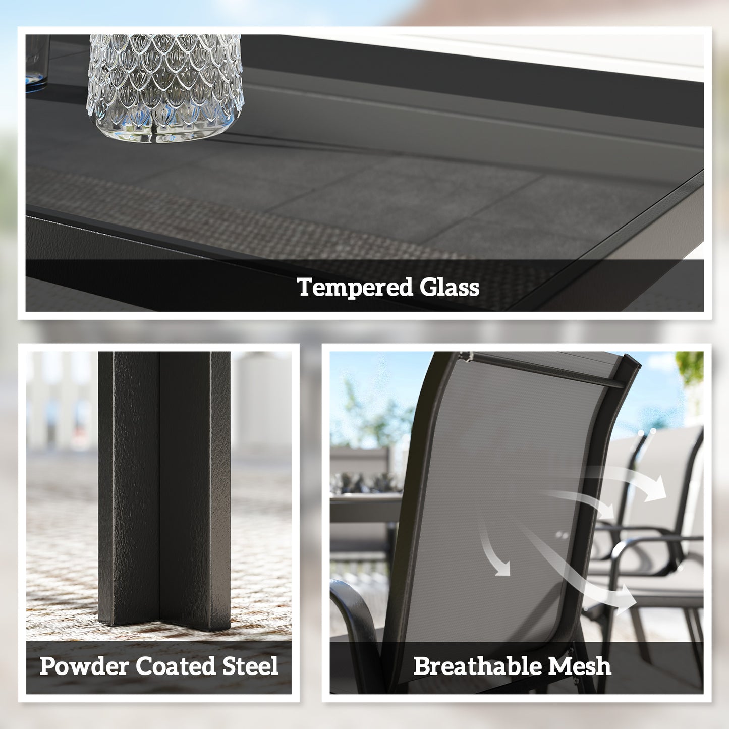 Outdoor Dining Sets for 8 with Stackable Chairs, Patio Dining Set with Glass Top Table for Garden, Patio, Backyard, Dark Grey