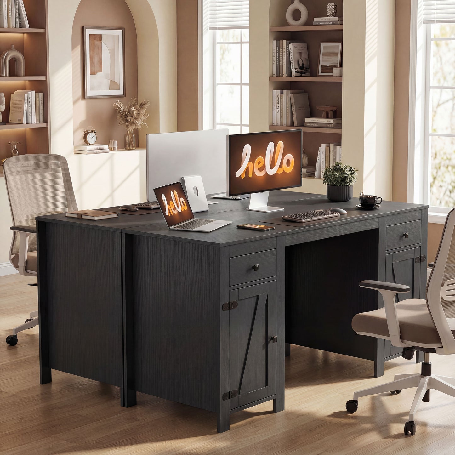 53" Farmhouse Executive Desk, Computer Desk with Drawers and 2 Cabinets, Study Table for Home Office, Black Wood Grain