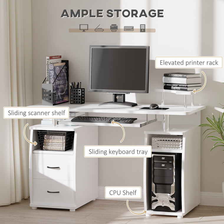 Computer Desk with Keyboard Tray and Drawers - White