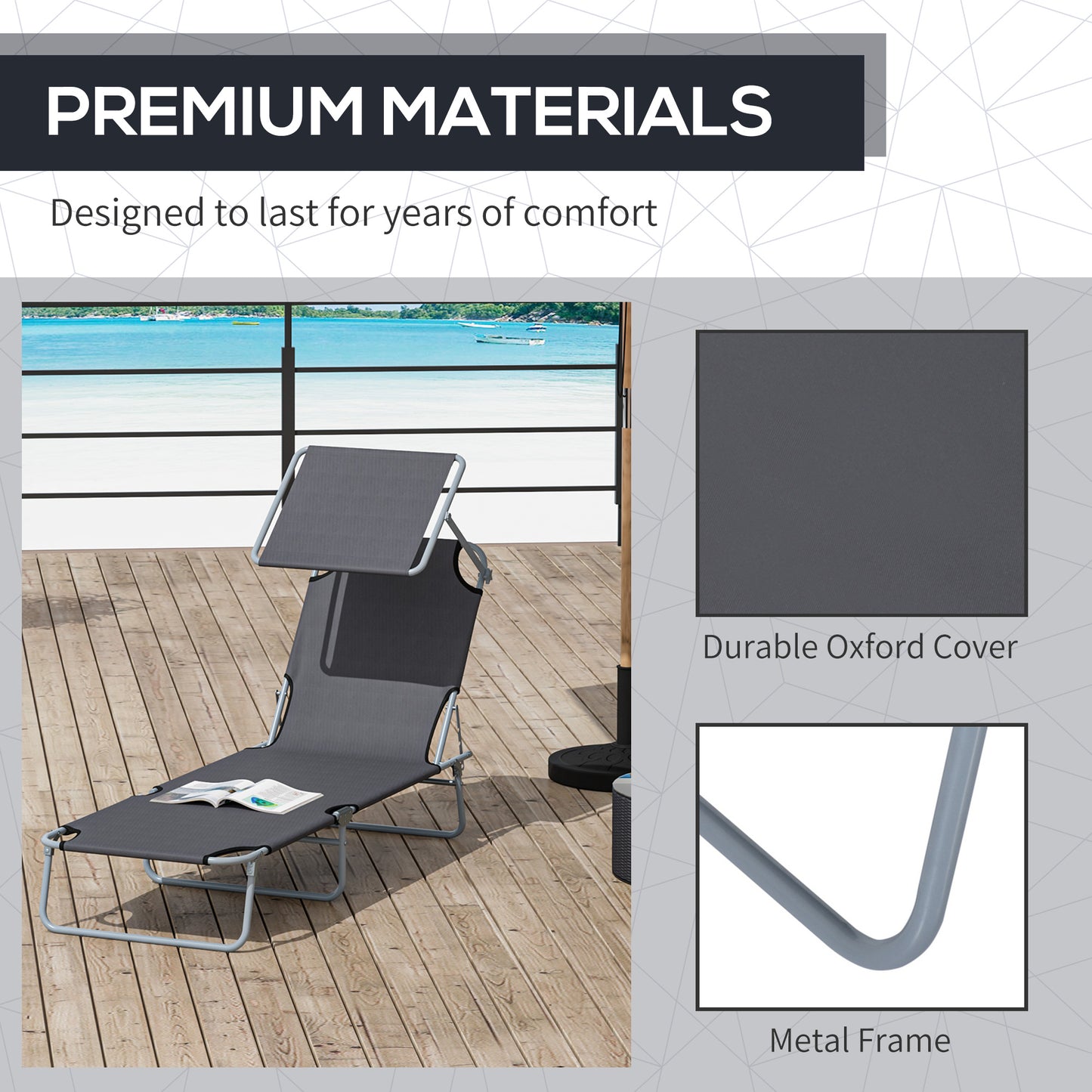 Outdoor Lounge Chair, Adjustable Folding Chaise Lounge, Tanning Chair with Sun Shade for Beach, Camping, Hiking, Backyard, Light Grey