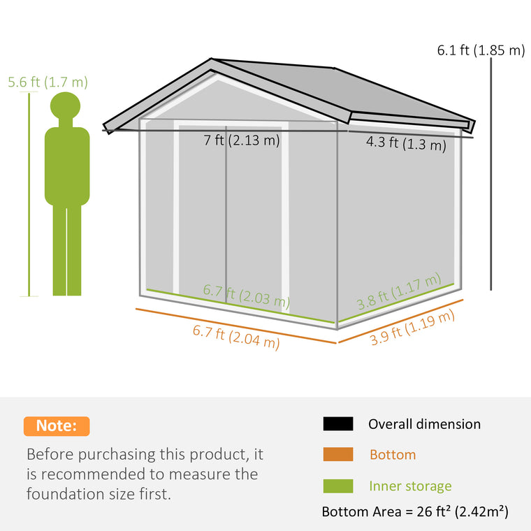 7' x 4' x 6' Metal Tool Shed with Double Doors and Foundation Kit