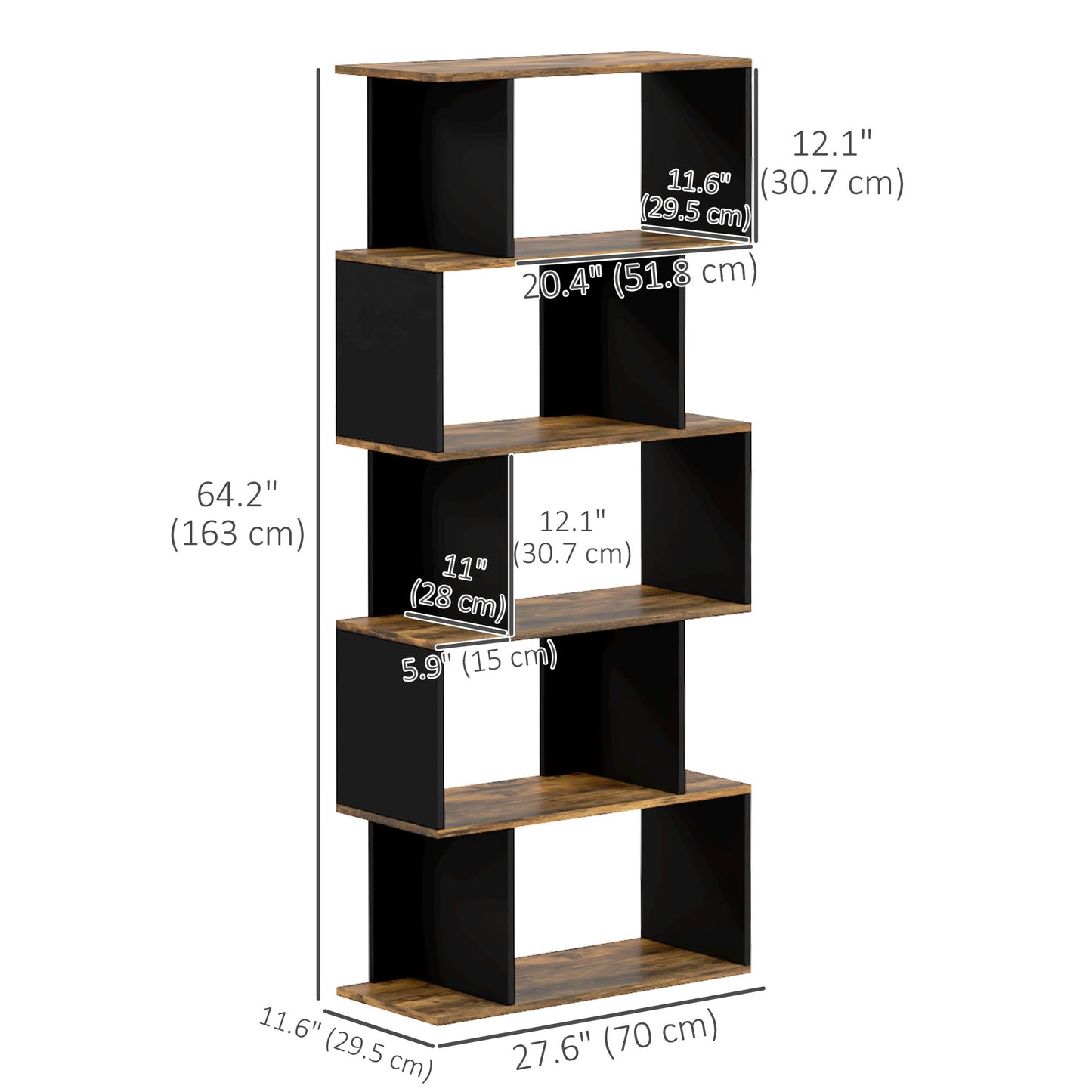 5-Tier Bookshelf, Geometric S-Shaped Bookcase, Tall Narrow Display Shelf for Living Room, Study Room, Rustic Brown