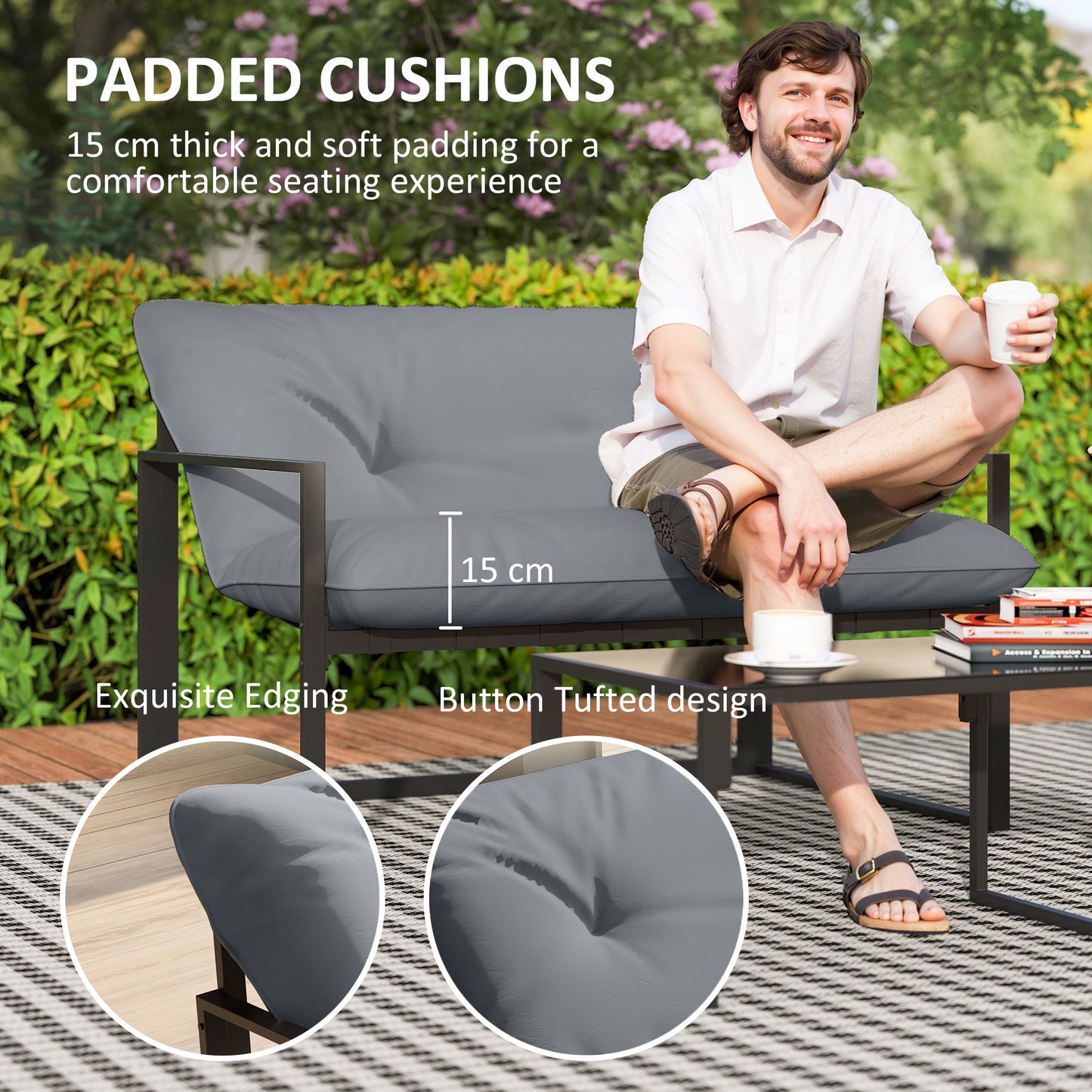 4 Piece Outdoor Furniture Set, Patio Conversation Set with Tempered Glass Table, Loveseat, Chairs, Cushions, Light Grey