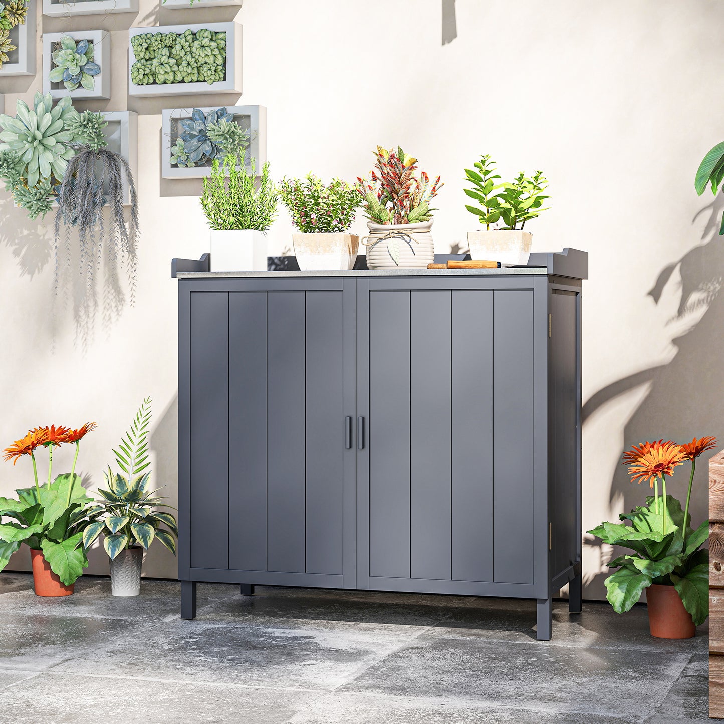 Garden Storage Cabinet, Outdoor Potting Bench Table with Galvanized Top and Shelf, Tool Shed with Double Doors, Grey