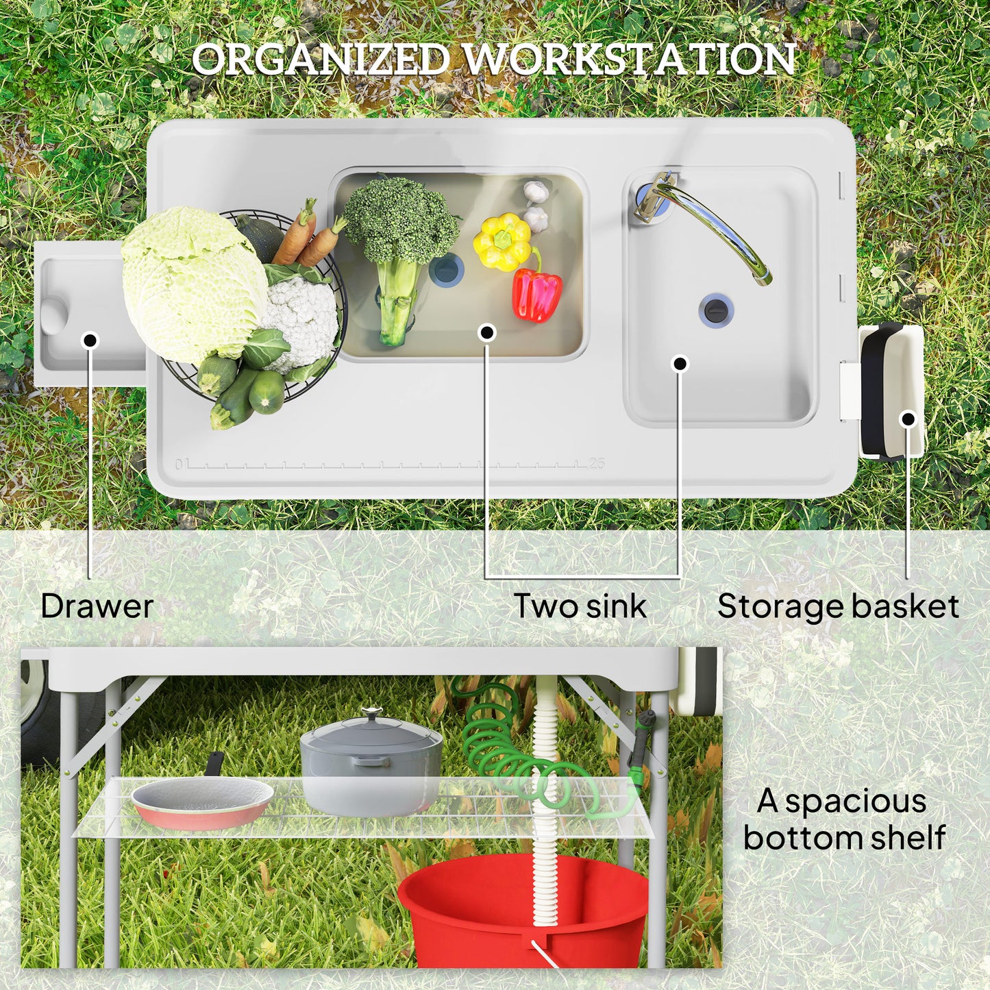 Folding Fish Cleaning Table with Sinks, Camping Sink with Faucet Drainage Hose Sprayer Shelf, Grey
