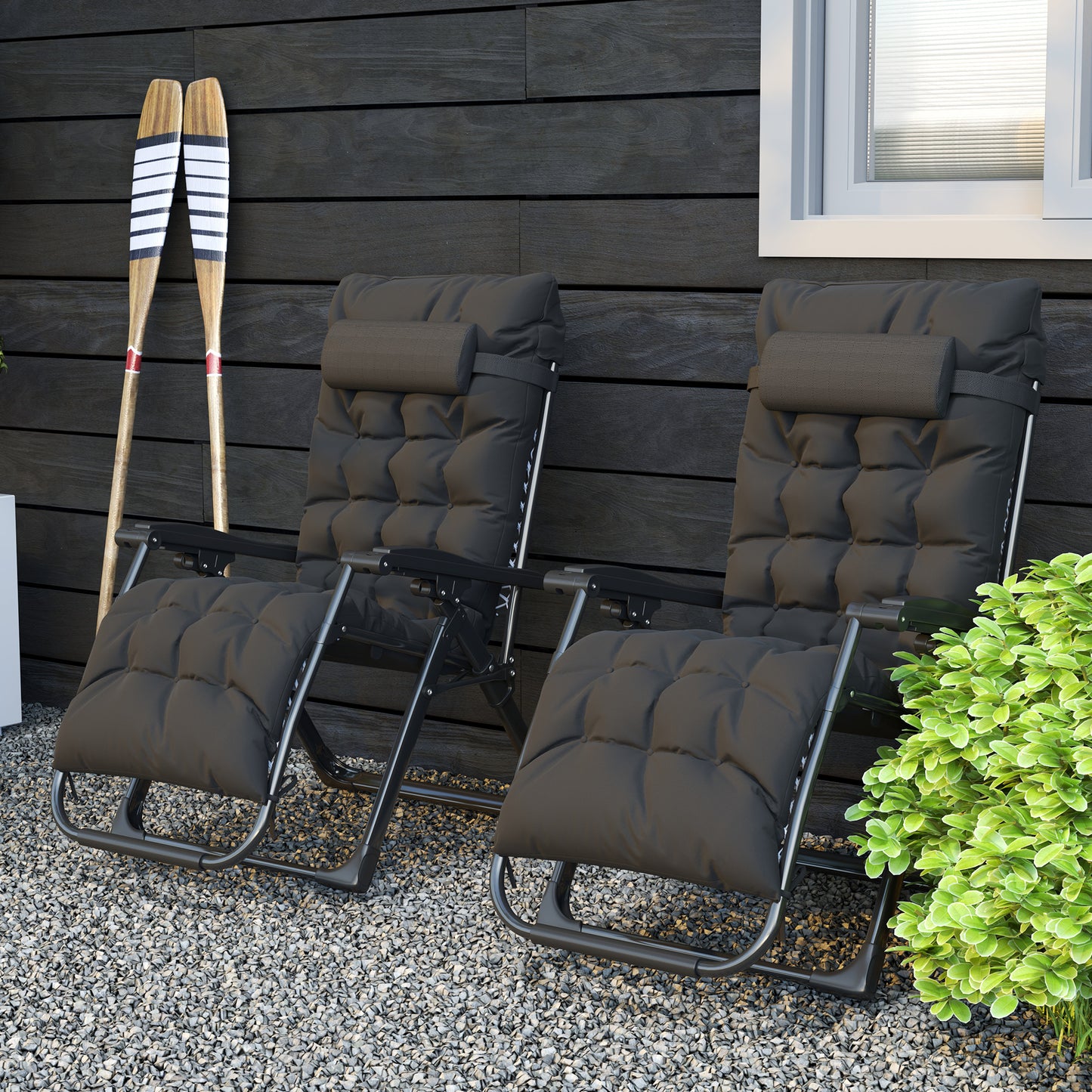 Folding Garden Chairs Set of 2, Reclining Zero Gravity Chair, Sun Lounger with Cushion and Headrest, Khaki