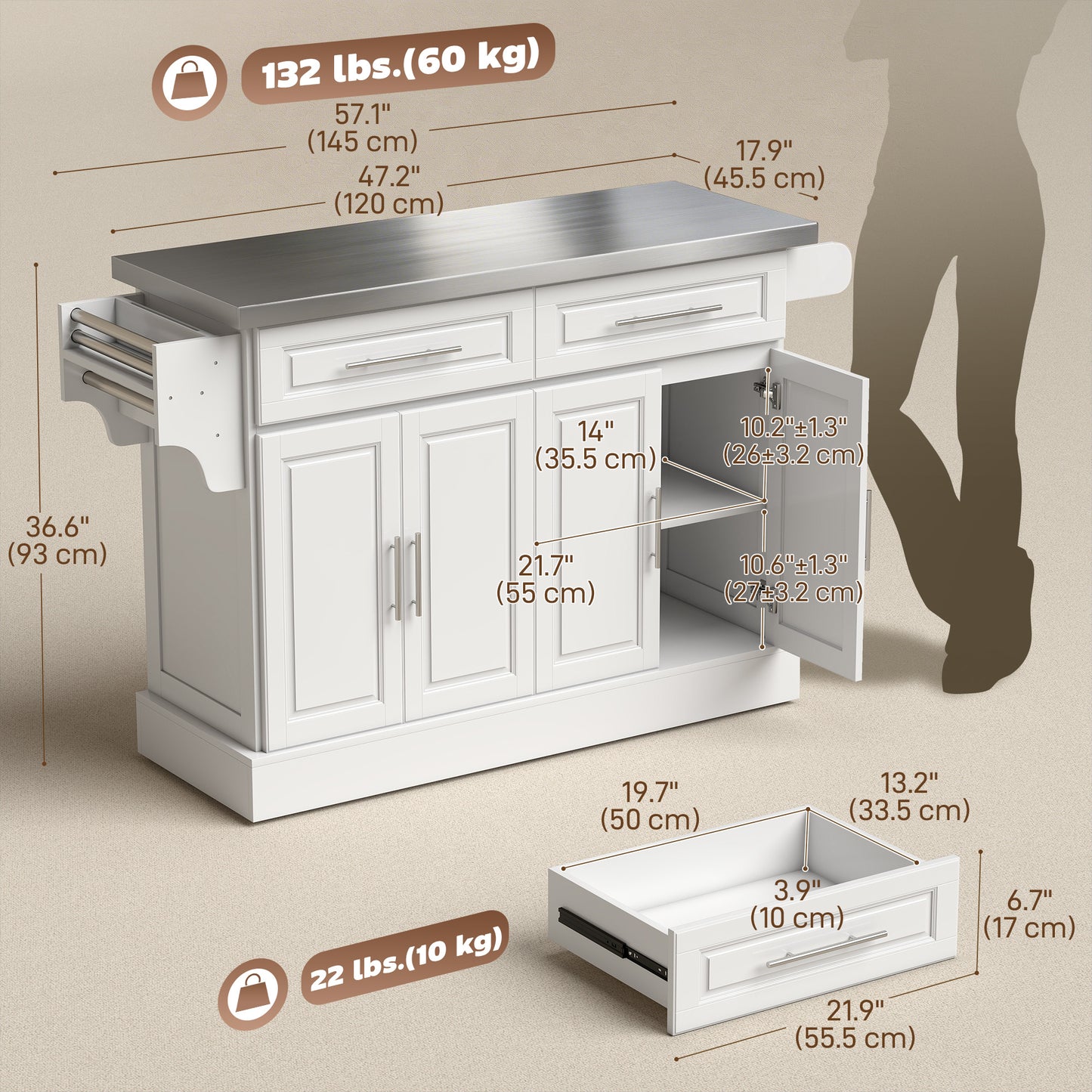 Rolling Kitchen Island with Storage and Stainless Steel Top, Kitchen Trolley with Drawers, Cabinets, Towel Rack