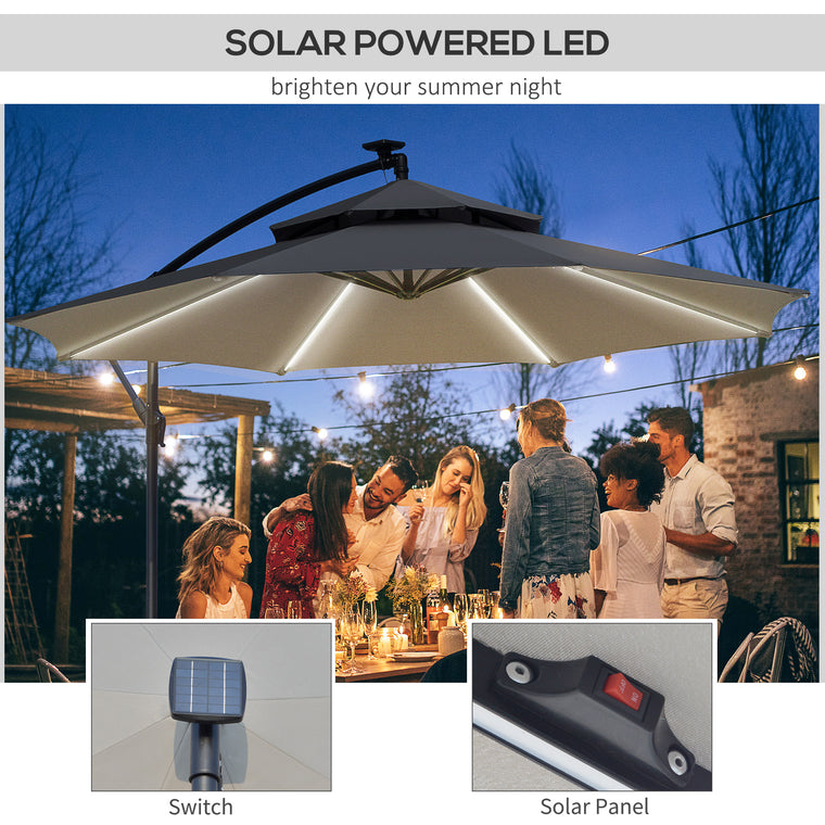 10FT Grey Cantilever Umbrella with Solar Lights & Crank