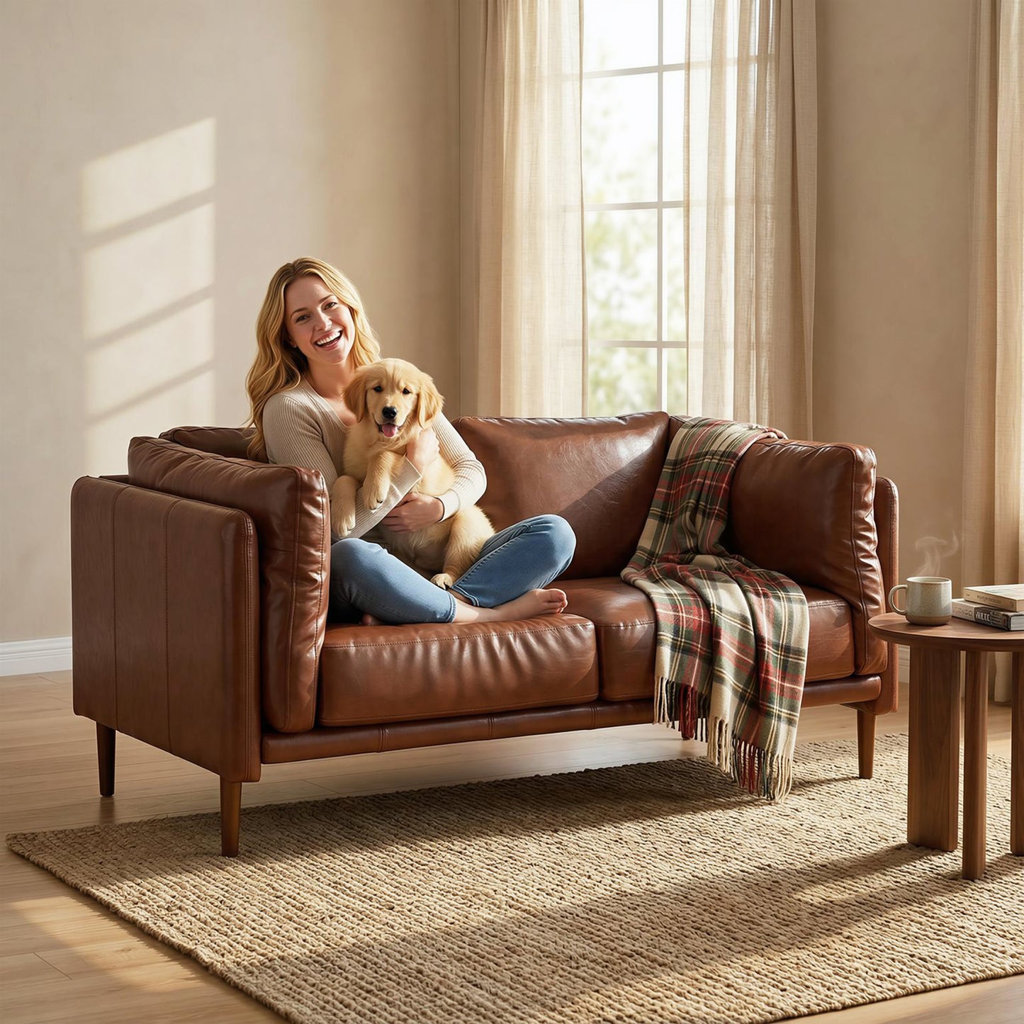 59" Loveseat Sofa, PU Leather 2 Seater Sofa with Wide Seat, High-Density Foam, Thick Cushion, Wood Legs, Brown