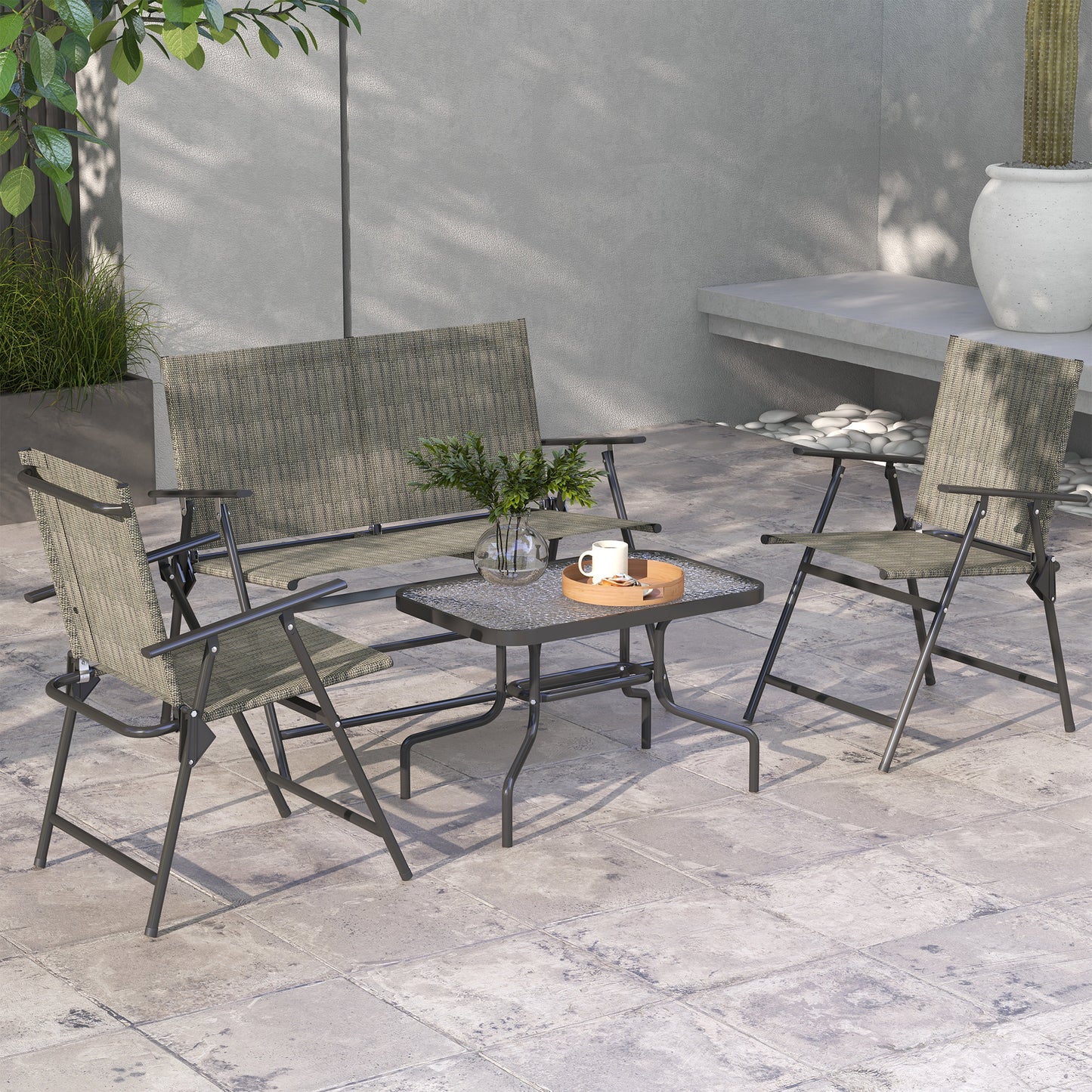 Outdoor 4 Pieces Patio Furniture Set, Garden Set with Two Foldable Armchairs, a Loveseat & Glass Top Table, Mixed Grey - Brown