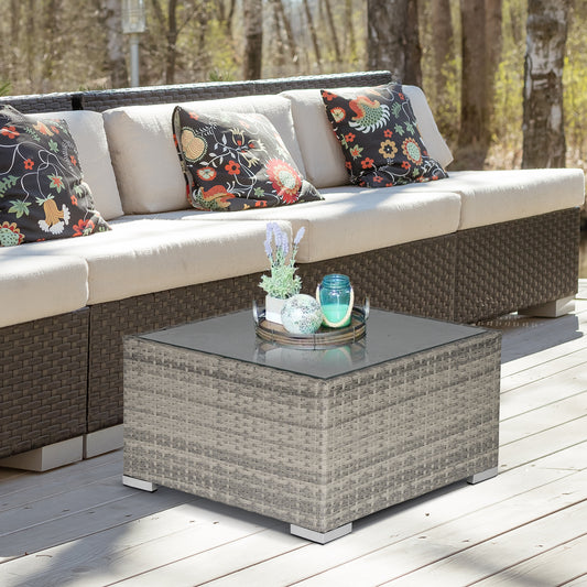 Rattan Garden Coffee Table, 25.6" Square Garden Rattan Table with Tempered Glass Top, Grey - Grey