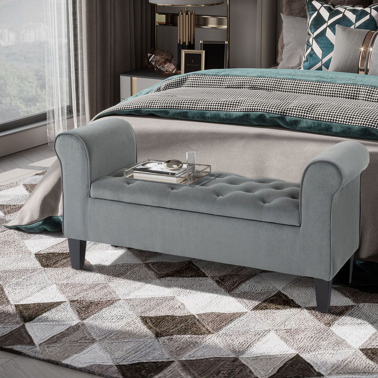 Button-Tufted Storage Bench with Rolled Arms - Grey